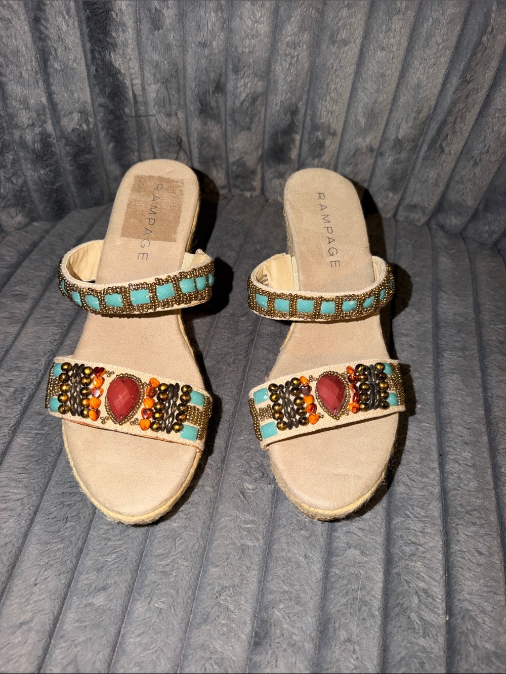 Rampage Beige Slide Sandals with Turquoise and Coral Bead Accents size 8 BNWOT